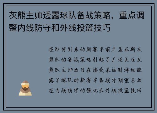 灰熊主帅透露球队备战策略，重点调整内线防守和外线投篮技巧