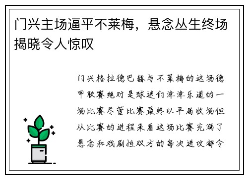 门兴主场逼平不莱梅，悬念丛生终场揭晓令人惊叹