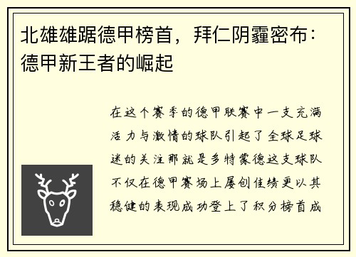 北雄雄踞德甲榜首，拜仁阴霾密布：德甲新王者的崛起