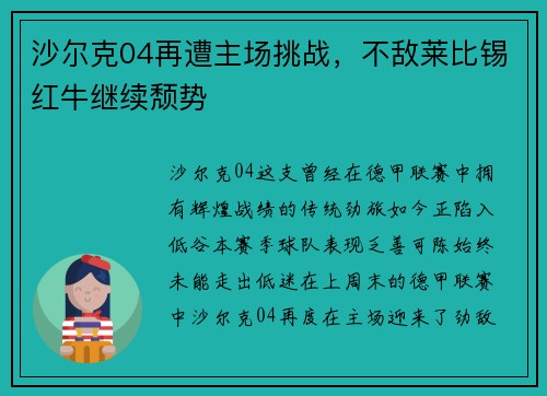 沙尔克04再遭主场挑战，不敌莱比锡红牛继续颓势