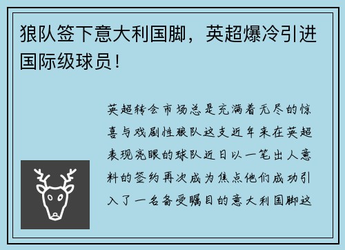 狼队签下意大利国脚，英超爆冷引进国际级球员！