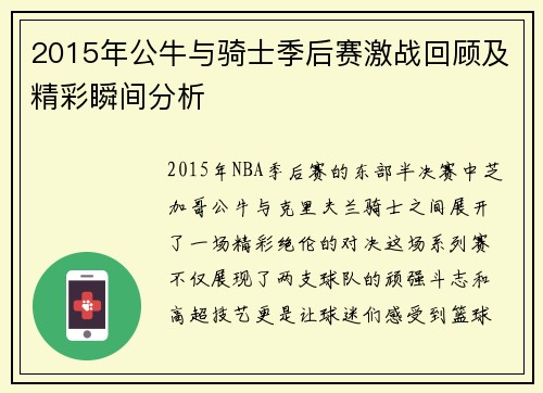 2015年公牛与骑士季后赛激战回顾及精彩瞬间分析